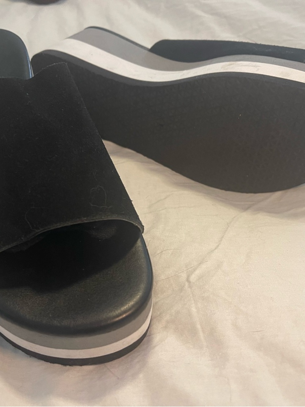 Matisse Black Suede Platform Slide Sandals with White Stripe